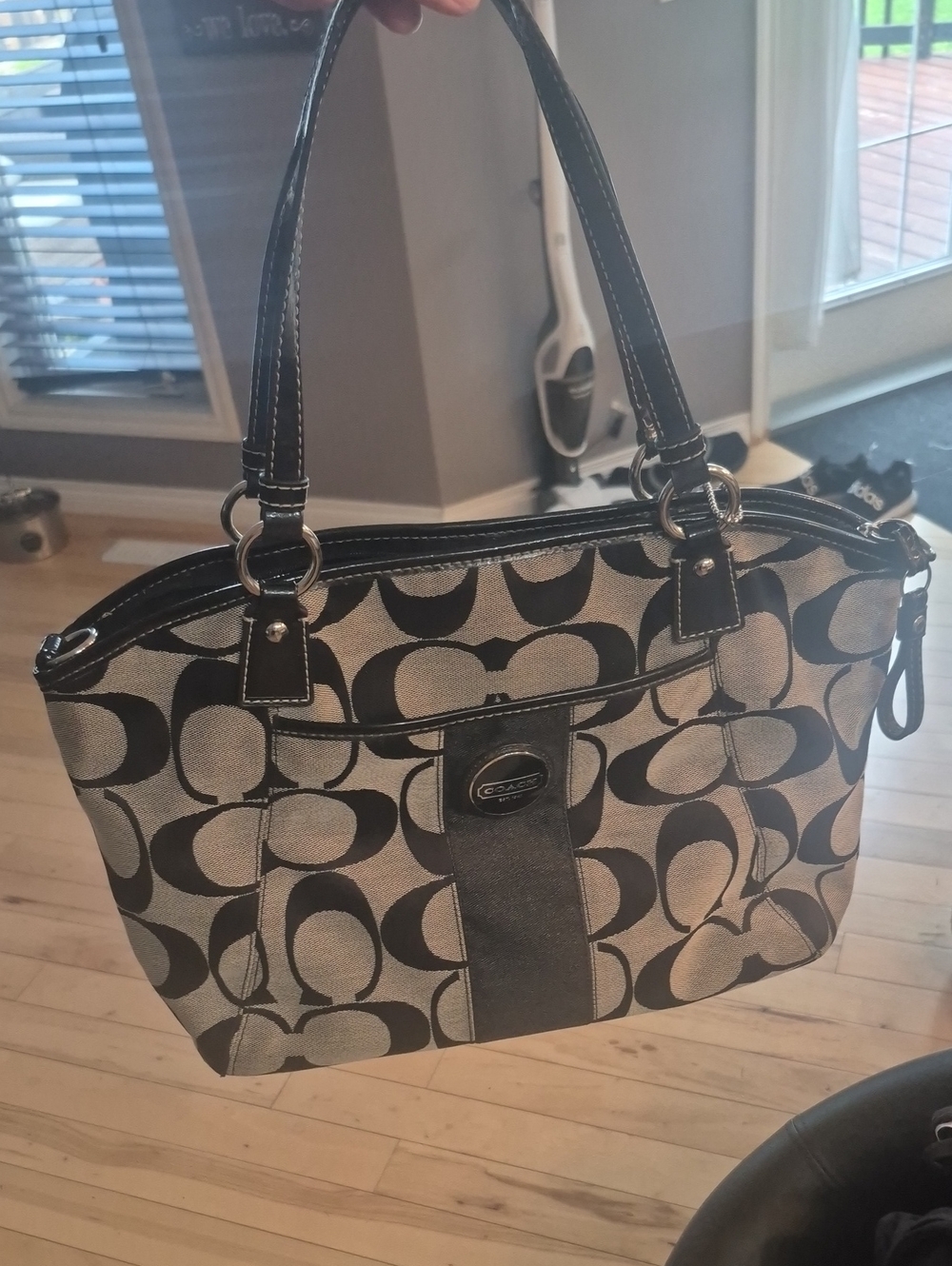 Coach Signature Canvas Shoulder Tote in Black and Cream